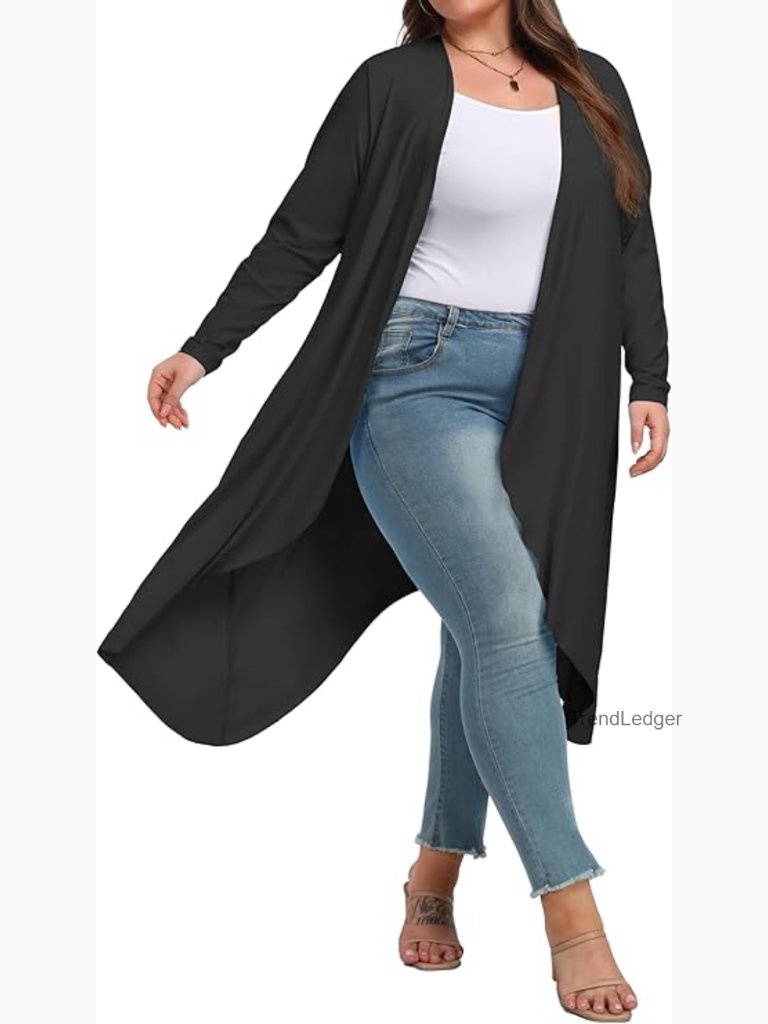 Plus Size Lightweight Long Duster Cardigan With Pockets Open Front